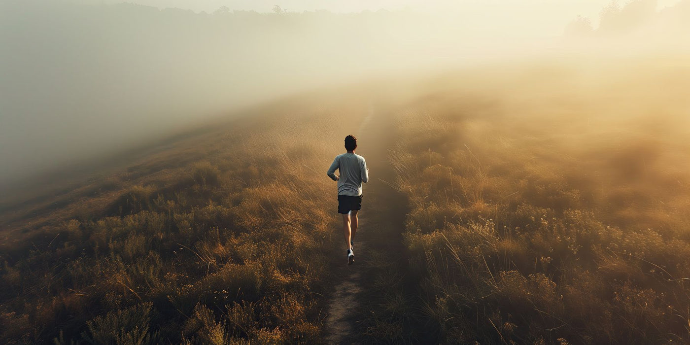 Runner seen from behind on a dirt trail through a sunlit foggy field.