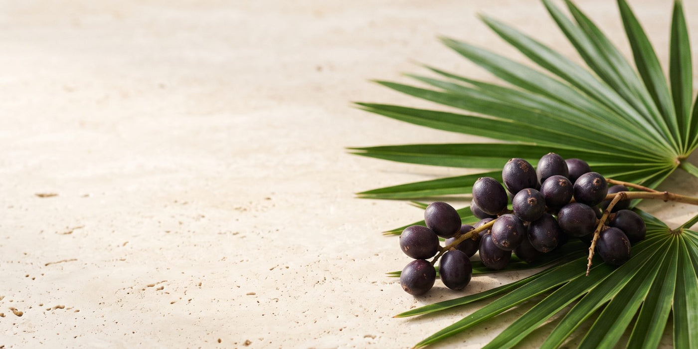 Saw palmetto berries beside green palm leaves to represent natural prostate and hair health support