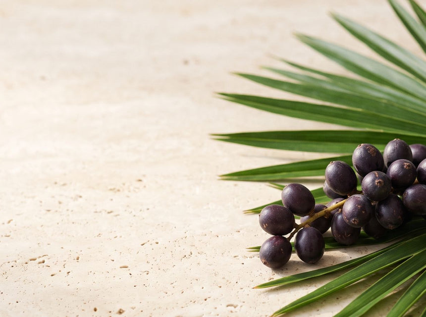Saw palmetto berries beside green palm leaves to represent natural prostate and hair health support