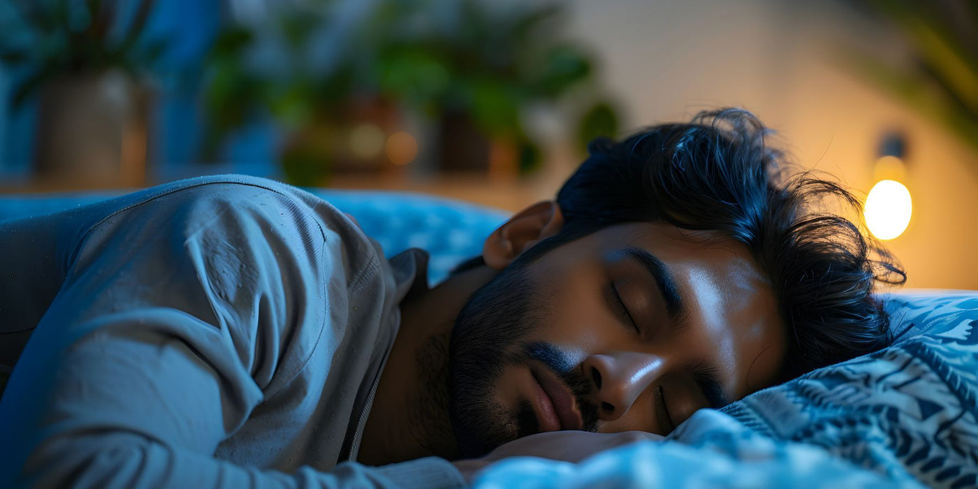 Man sleeping soundly on a bed in a blue lit bedroom