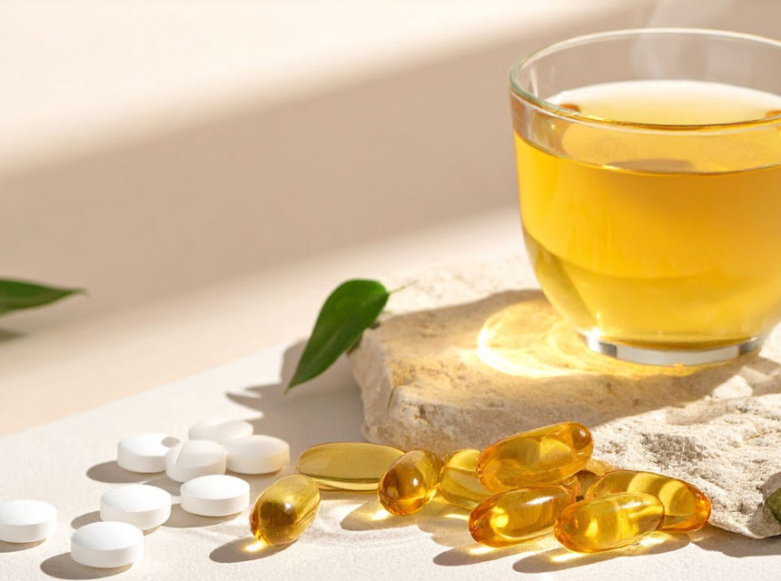 Glass cup of warm herbal tea on a stone surface with scattered white tablets and golden capsules nearby.