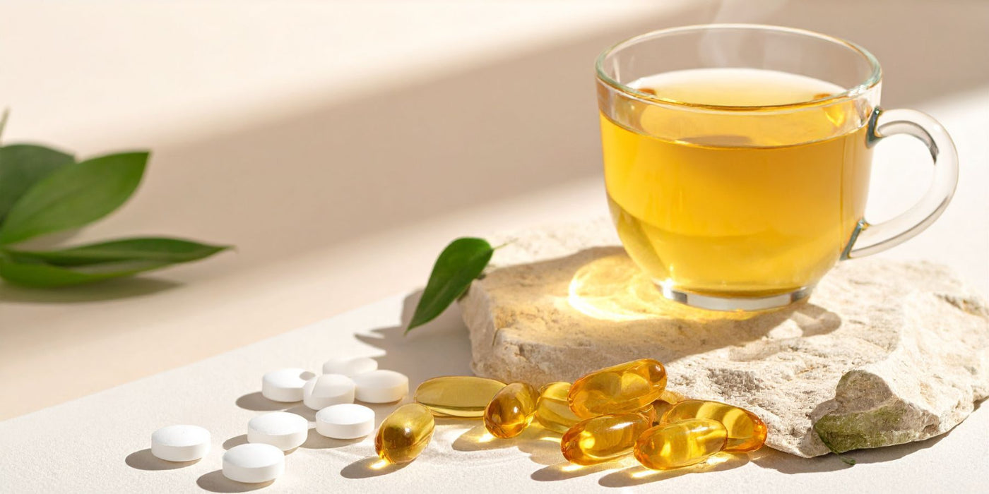 Glass cup of warm herbal tea on a stone surface with scattered white tablets and golden capsules nearby.