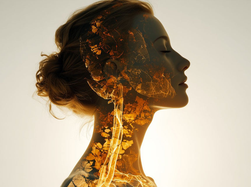 Profile of a woman with a golden orange leaf mosaic across her head and neck
