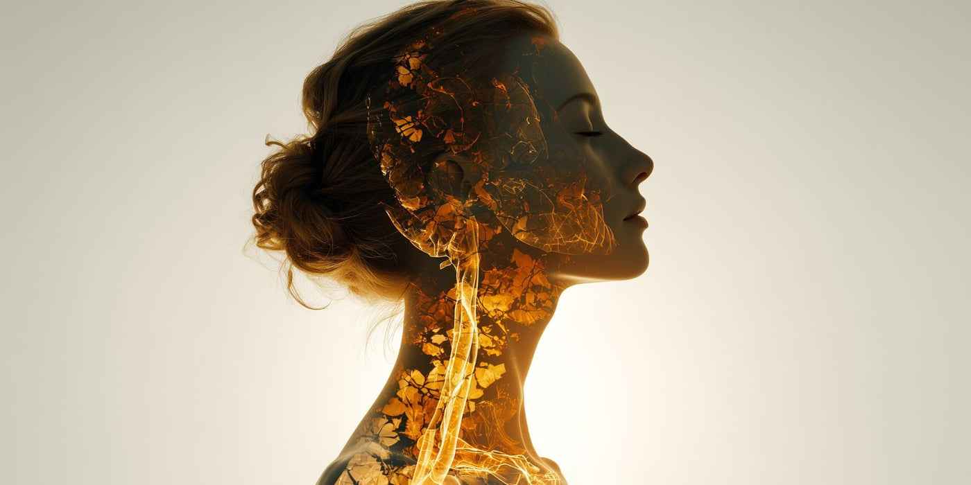 Profile of a woman with a golden orange leaf mosaic across her head and neck
