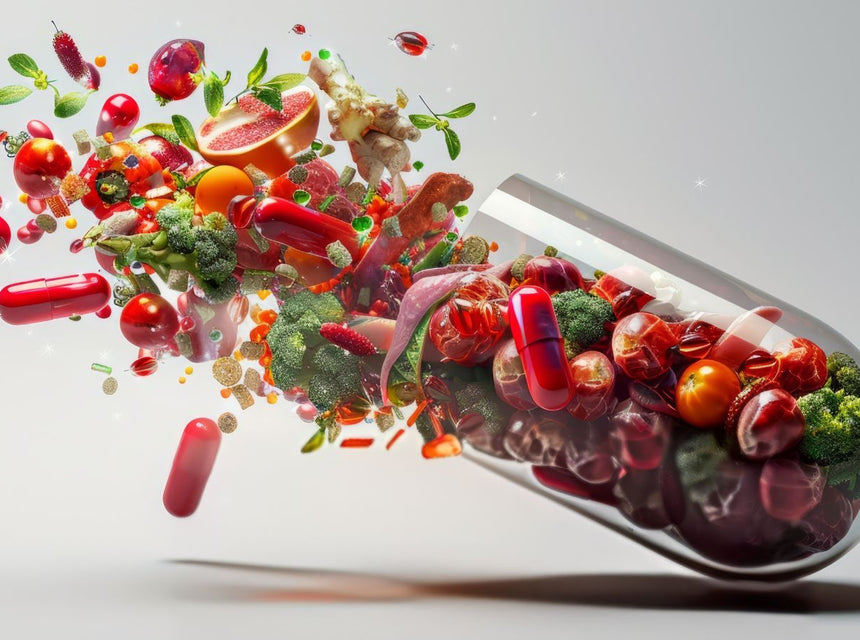 Exploding capsule spilling colorful pills and fresh fruits and vegetables into the air.