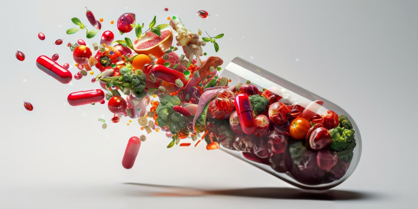 Exploding capsule spilling colorful pills and fresh fruits and vegetables into the air.