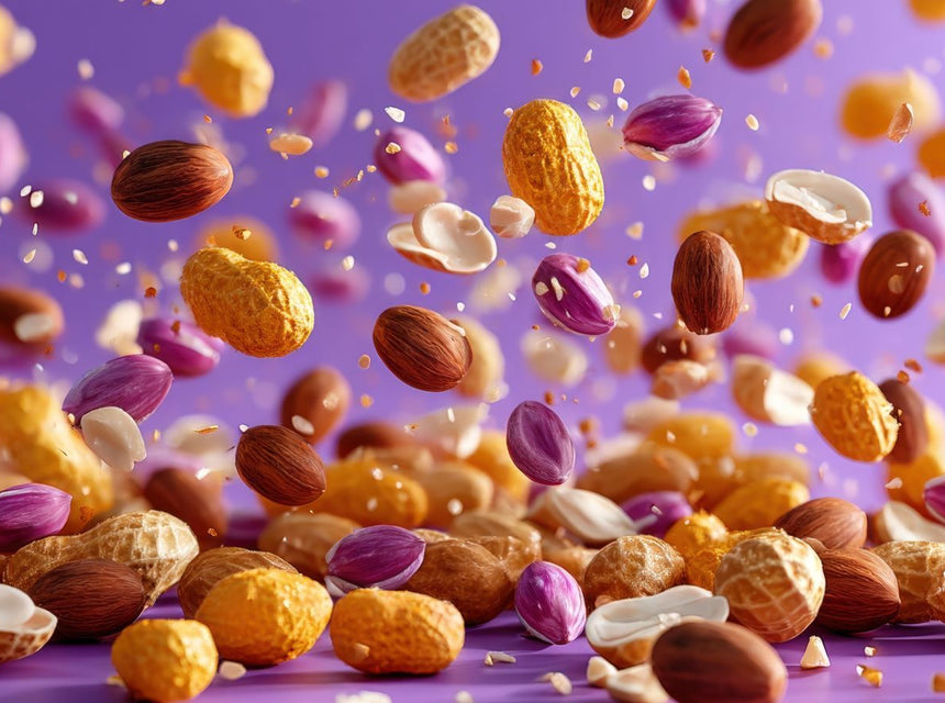 Assorted nuts and seeds suspended midair against a purple background