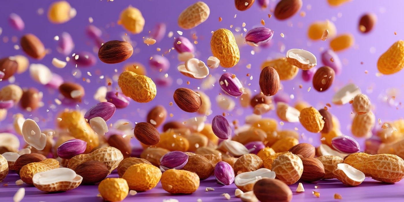 Assorted nuts and seeds suspended midair against a purple background