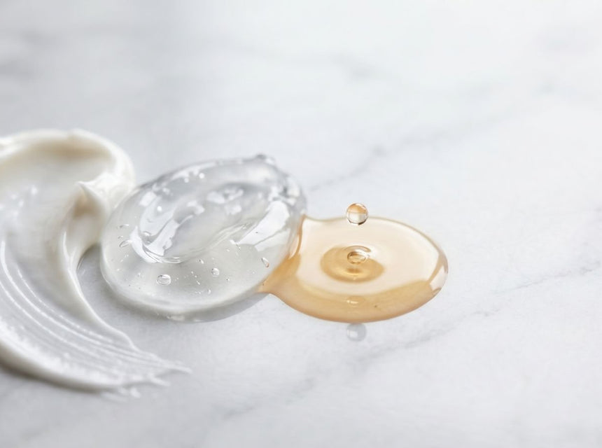 White cream and clear gel representing topical formulations on a marble surface