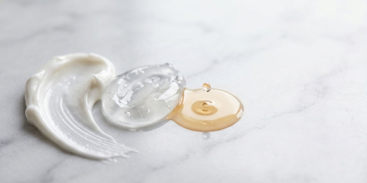 White cream and clear gel representing topical formulations on a marble surface