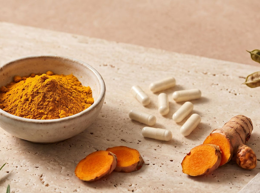 Turmeric powder, glucosamine supplements and fresh turmeric root displayed alongside healthy joints and active lifestyle imagery
