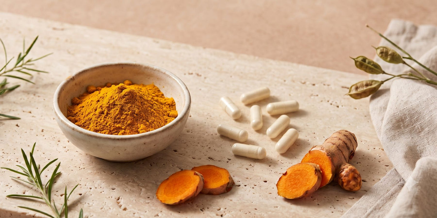 Turmeric powder, glucosamine supplements and fresh turmeric root displayed alongside healthy joints and active lifestyle imagery