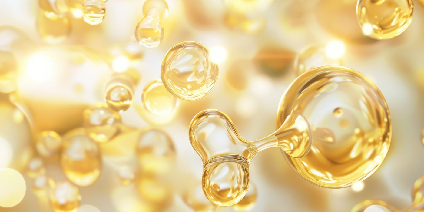 Golden abstract bubbles and droplets representing CoQ10 supplement imagery