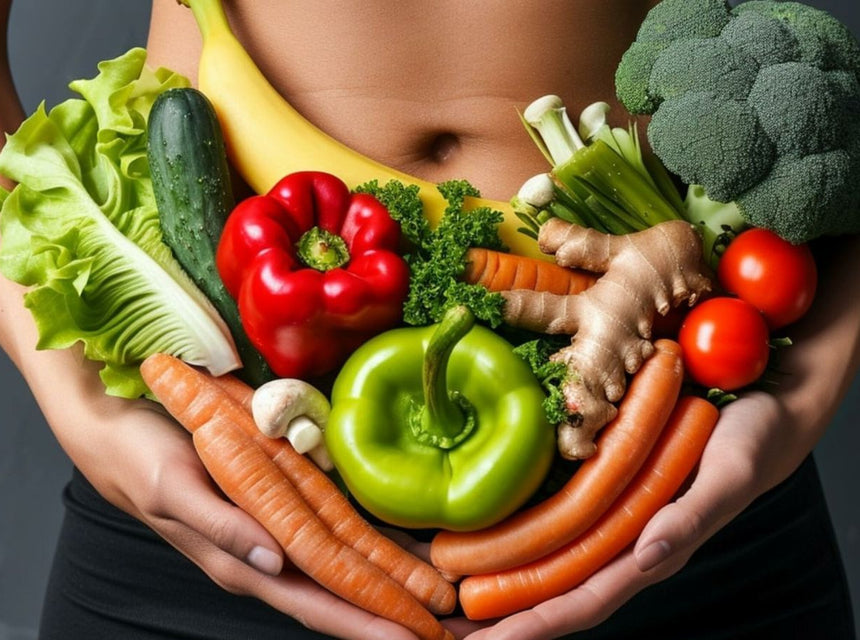 Person holding a colorful assortment of fresh vegetables including peppers, greens, and carrots