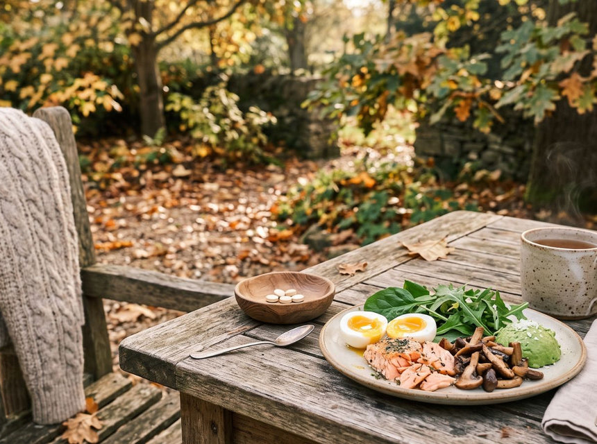 Vitamin D3 supplements alongside autumn foods and seasonal ingredients on a natural kitchen table