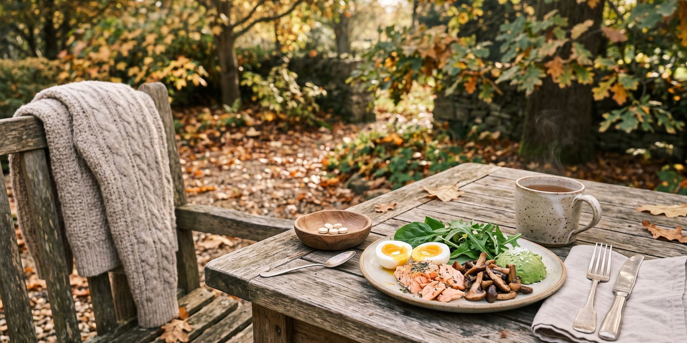 Vitamin D3 supplements alongside autumn foods and seasonal ingredients on a natural kitchen table