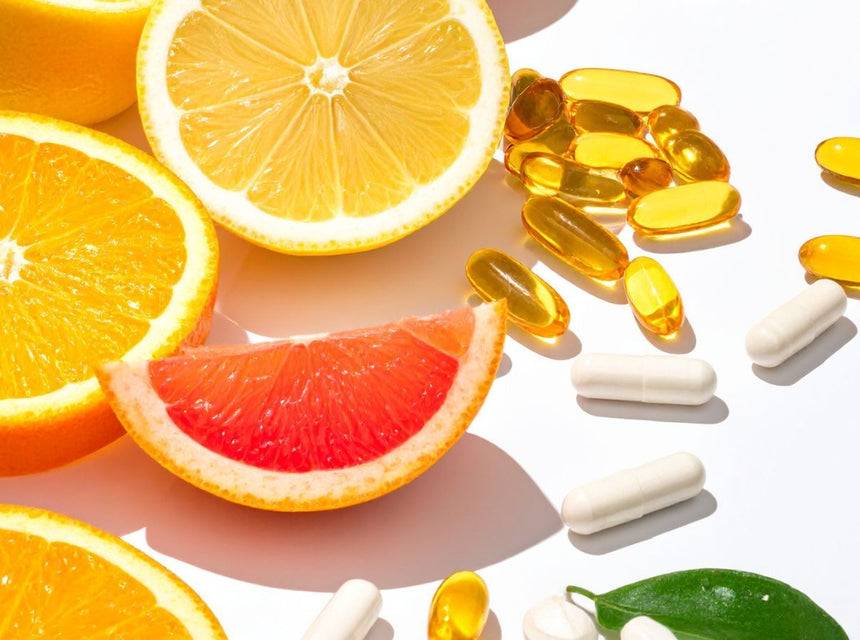 Halved orange and lemon with scattered vitamin capsules on a white surface.