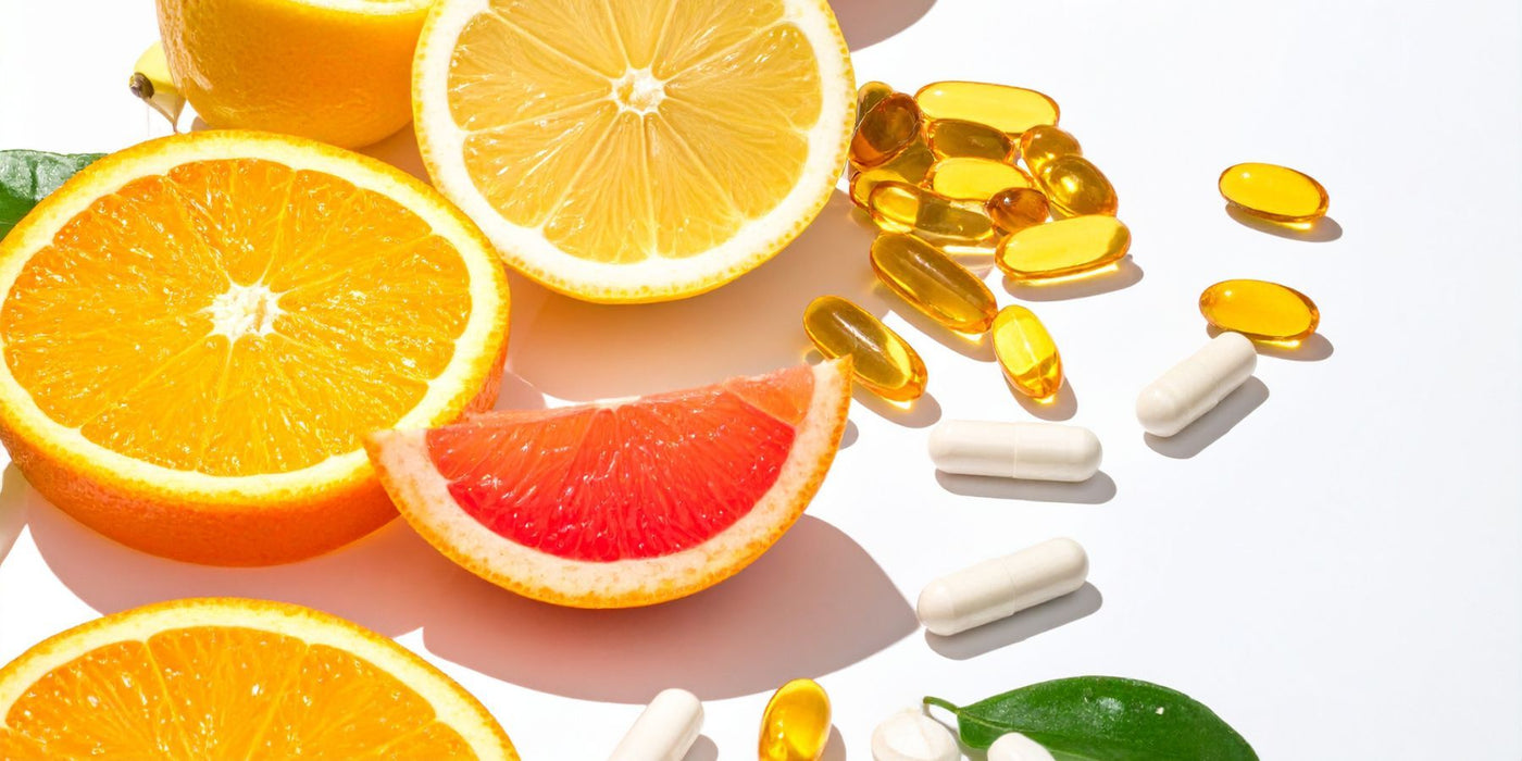 Halved orange and lemon with scattered vitamin capsules on a white surface.