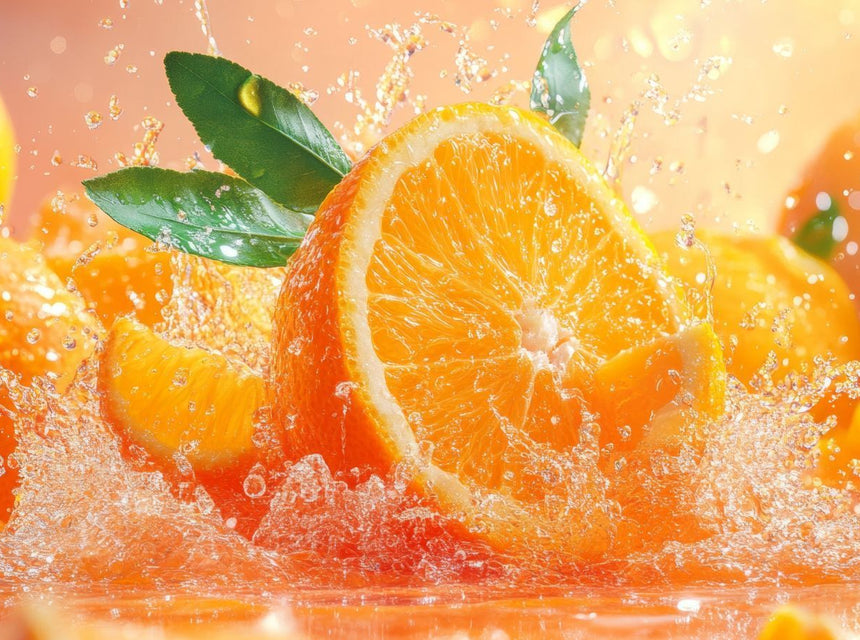 Bright orange halves with green leaves and splashing water emphasizing vitamin C freshness