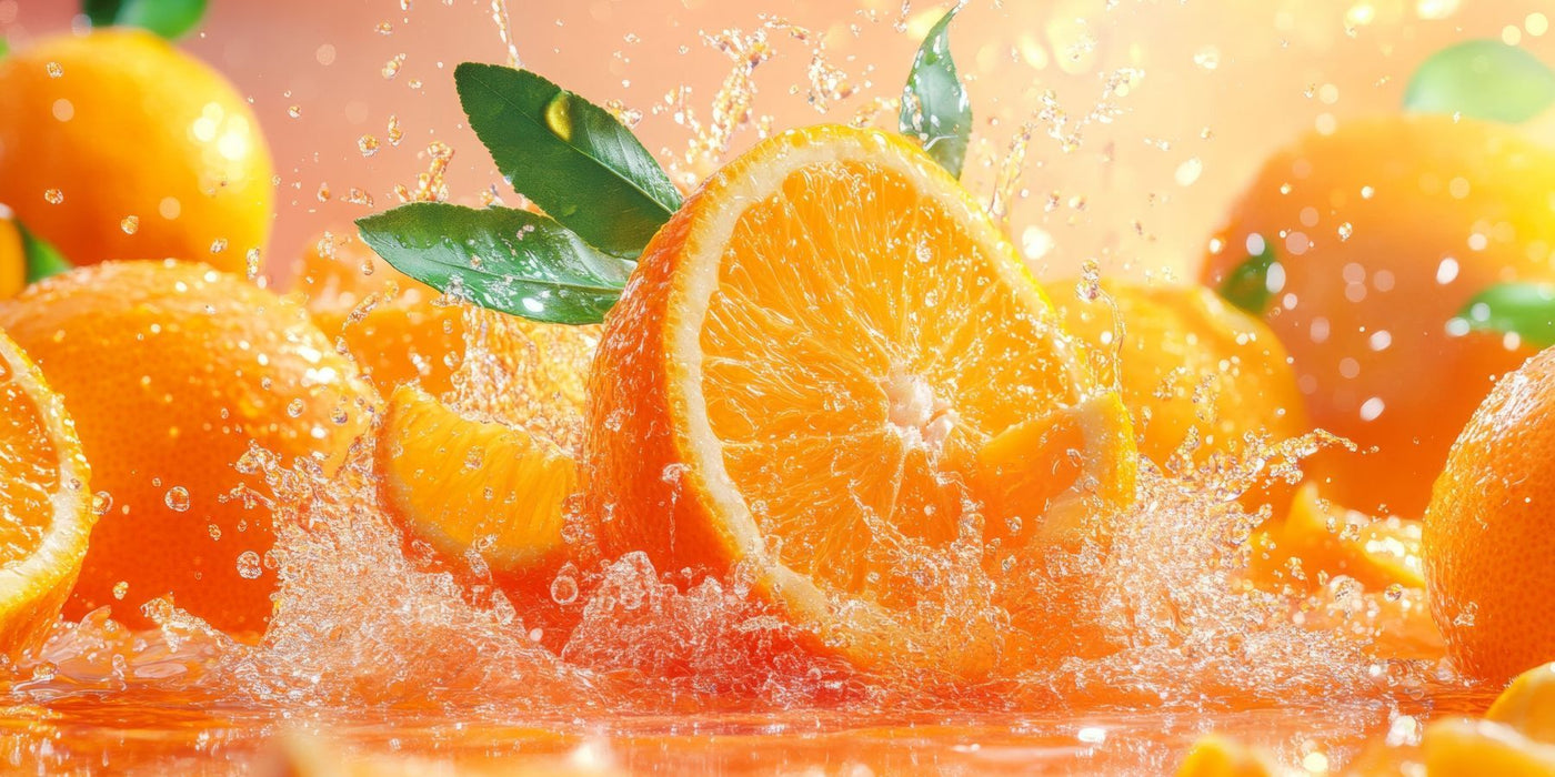 Bright orange halves with green leaves and splashing water emphasizing vitamin C freshness