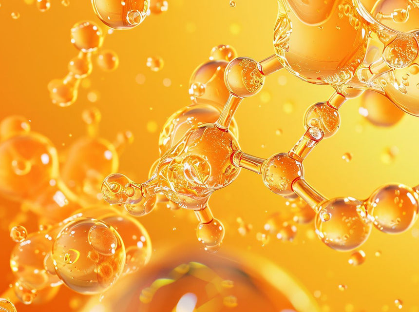 Abstract orange and yellow molecular model representing vitamin C supplements against a bright background