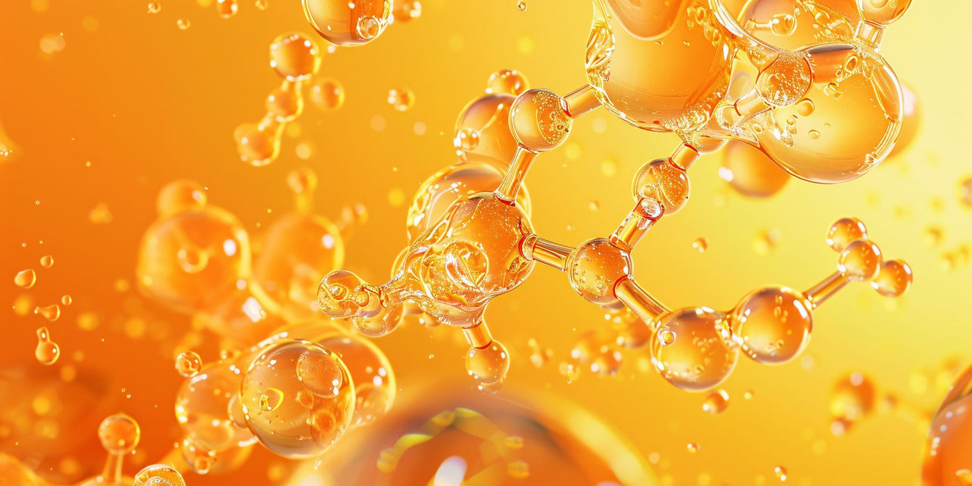 Abstract orange and yellow molecular model representing vitamin C supplements against a bright background