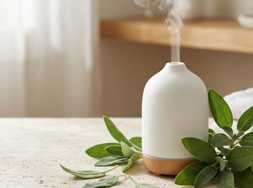 Fresh sage leaves and aromatherapy diffuser