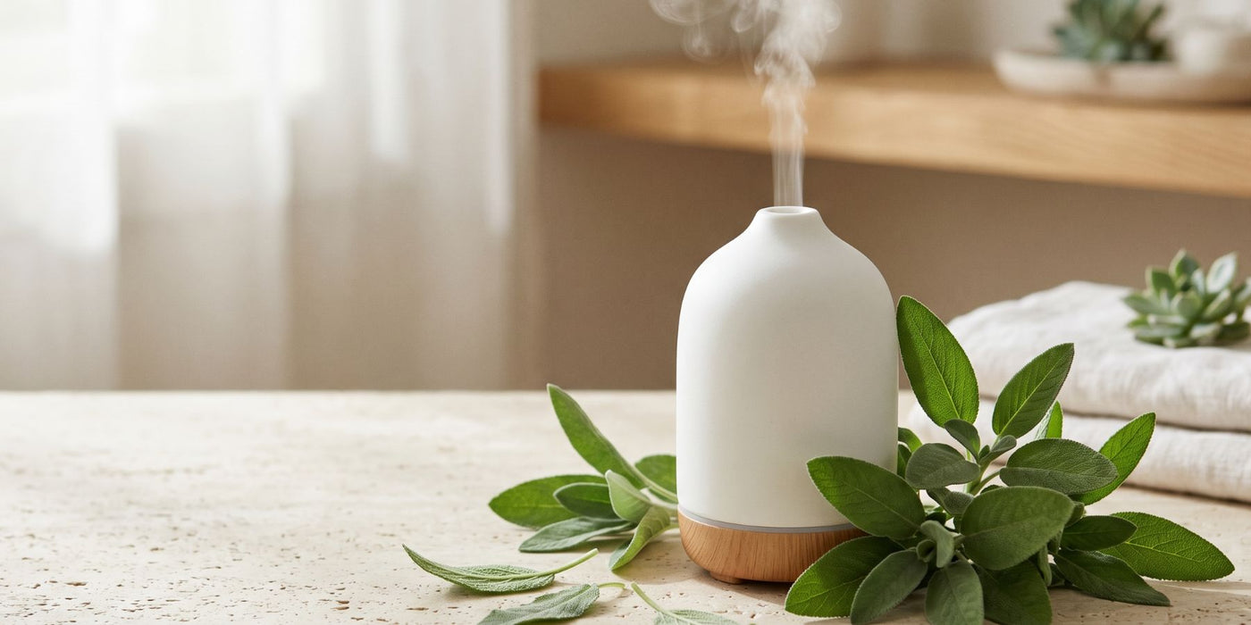 Fresh sage leaves and aromatherapy diffuser