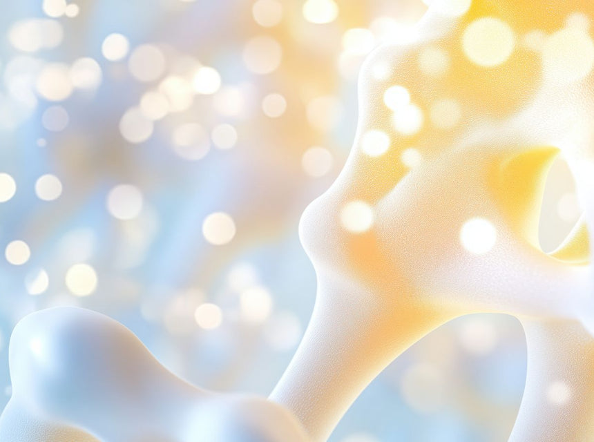 Abstract bone illustration set against a soft blue and gold bokeh background.
