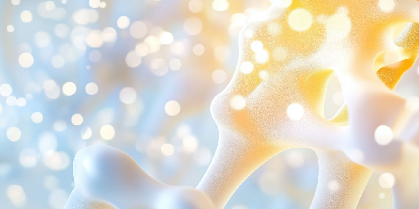 Abstract bone illustration set against a soft blue and gold bokeh background.