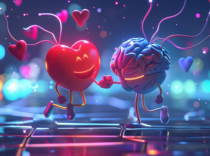 Cartoon heart and brain holding hands against a vibrant colorful background