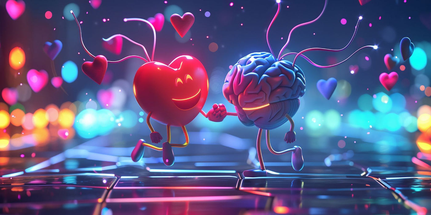 Cartoon heart and brain holding hands against a vibrant colorful background