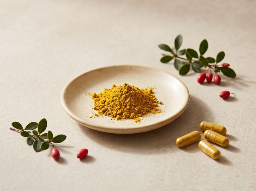 Berberine supplement capsules alongside a plate with berberine powder and barberry plants and natural botanical ingredients.
