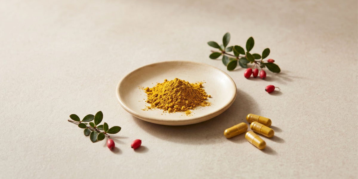 Berberine supplement capsules alongside a plate with berberine powder and barberry plants and natural botanical ingredients.