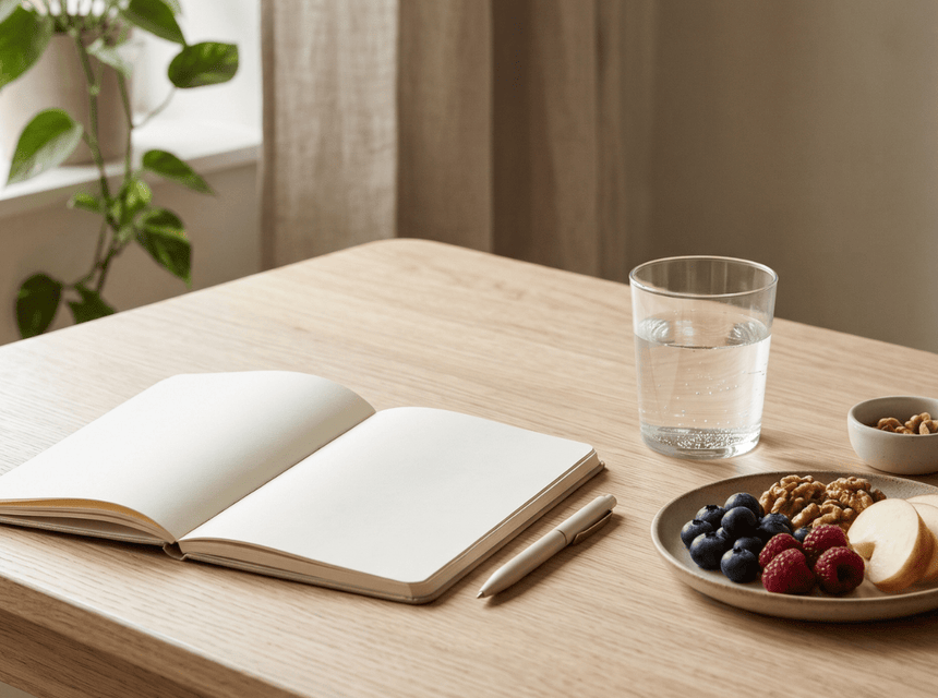 A calm, natural workspace with a notebook, water and healthy foods representing focus, mental clarity and everyday wellbeing.