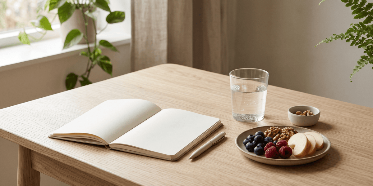 A calm, natural workspace with a notebook, water and healthy foods representing focus, mental clarity and everyday wellbeing.