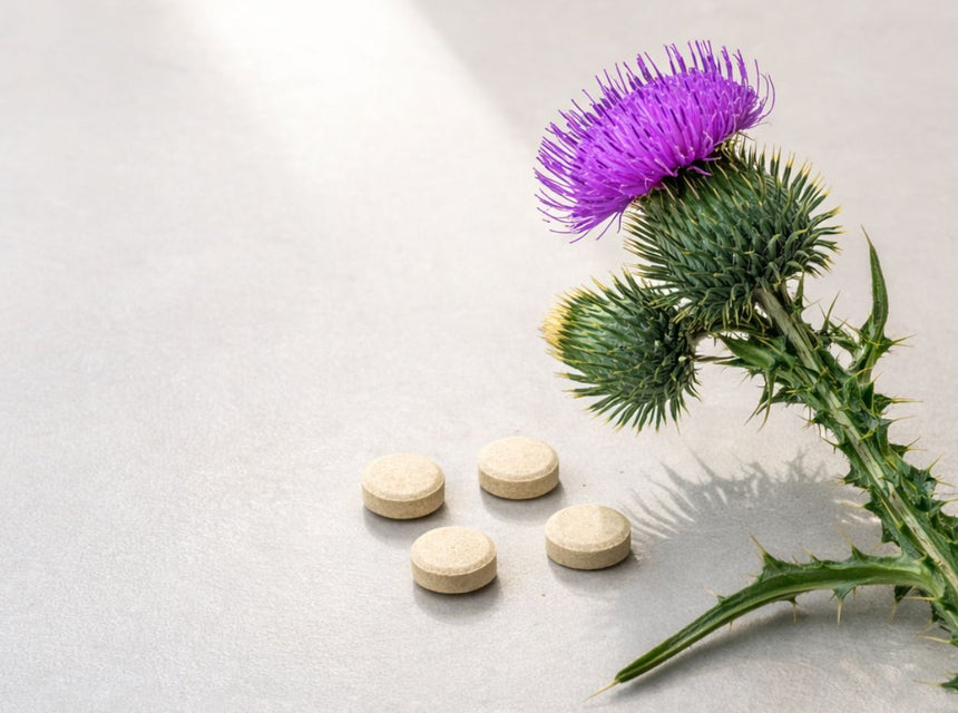 Purple milk thistle blossom with scattered beige tablets on a pale background.