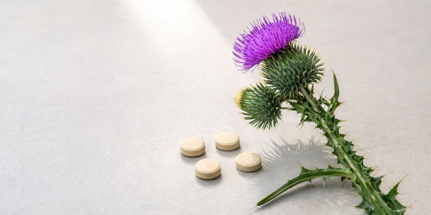 Purple milk thistle blossom with scattered beige tablets on a pale background.
