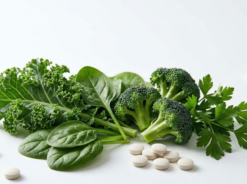 Fresh kale spinach broccoli and parsley with scattered white tablets on a white background
