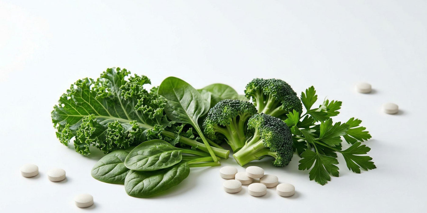 Fresh kale spinach broccoli and parsley with scattered white tablets on a white background