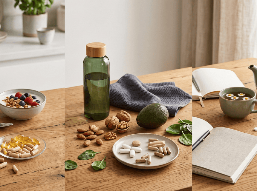 Selection of vitamins and supplements alongside healthy foods representing different lifestyles.