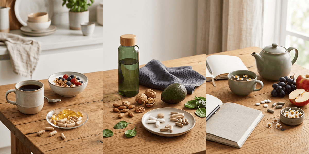 Selection of vitamins and supplements alongside healthy foods representing different lifestyles.