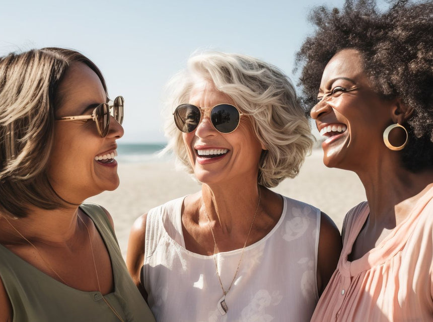 Three women wearing sunglasses laugh together on a sunny beach