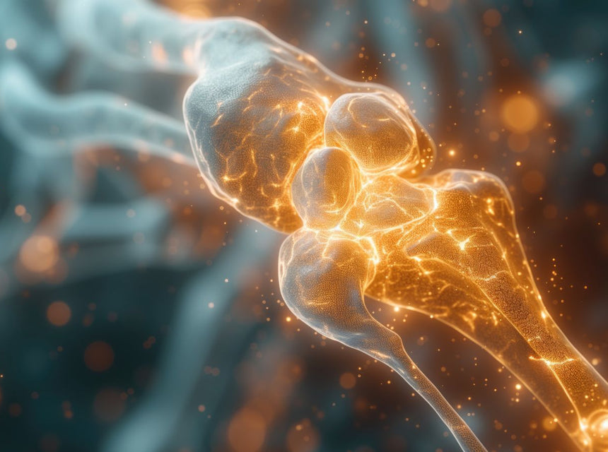 Glowing 3D joint illustration highlighting bones and connective tissue