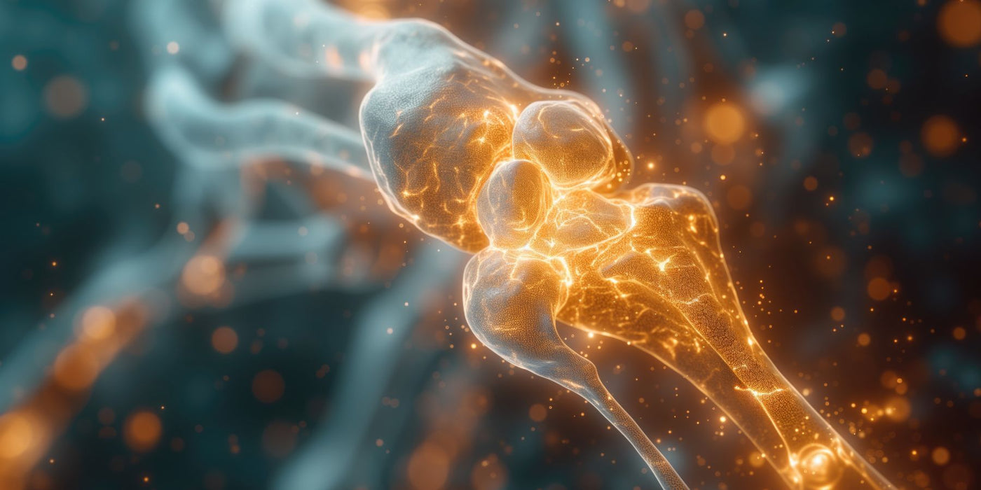Glowing 3D joint illustration highlighting bones and connective tissue