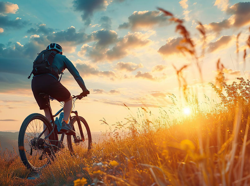 Cyclist wearing a helmet rides a mountain bike across a sunlit grassy hillside at sunset
