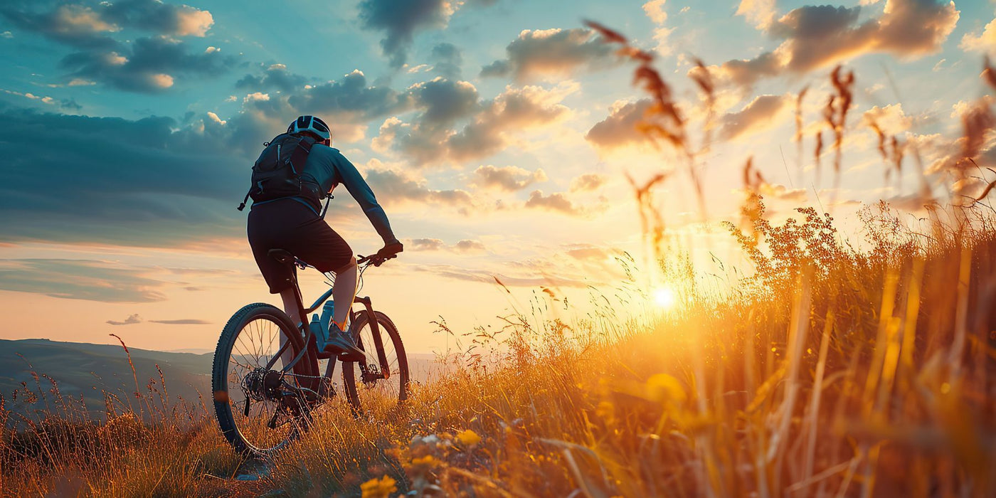 Cyclist wearing a helmet rides a mountain bike across a sunlit grassy hillside at sunset