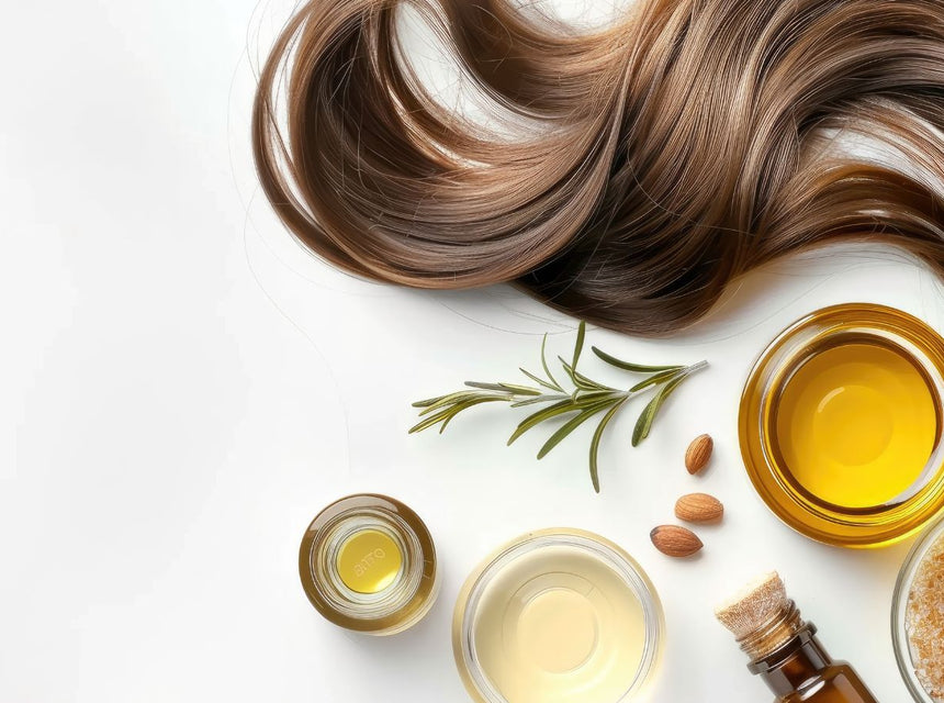 Top view of hair care scene with long brown hair, a jar of oil, rosemary sprigs, and almonds.