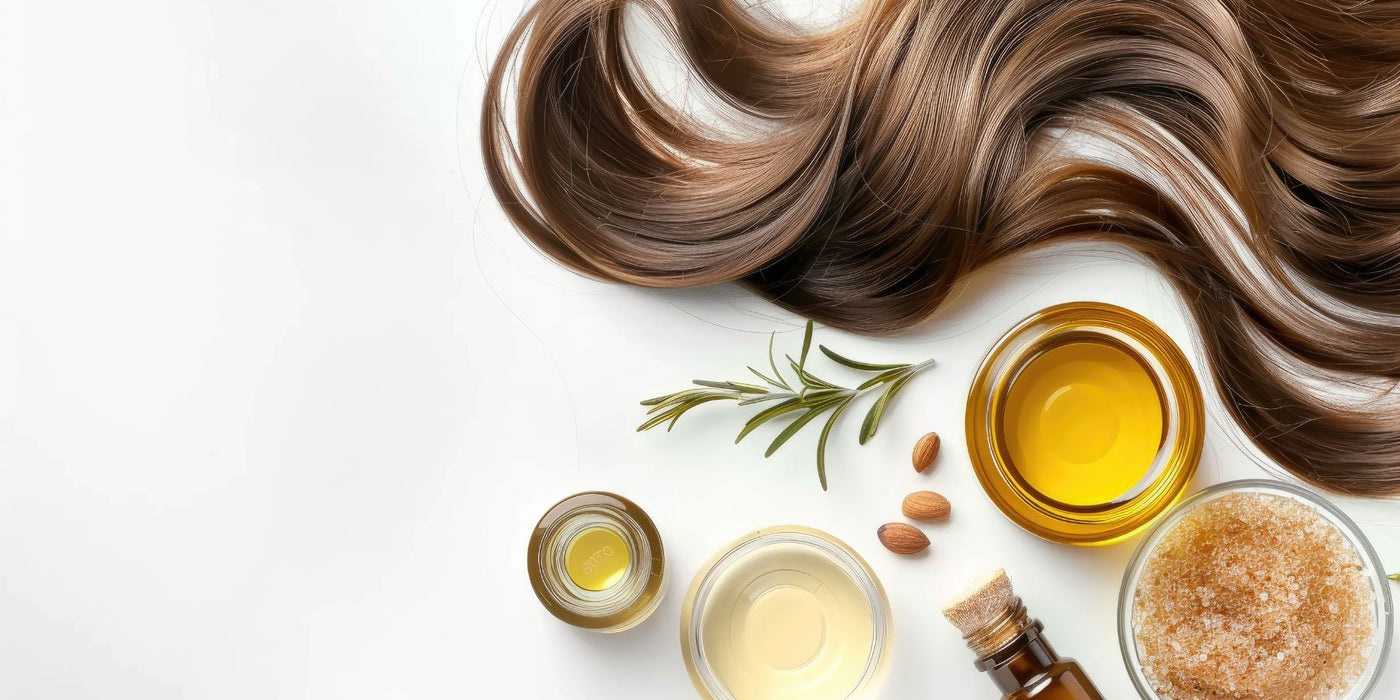 Top view of hair care scene with long brown hair, a jar of oil, rosemary sprigs, and almonds.