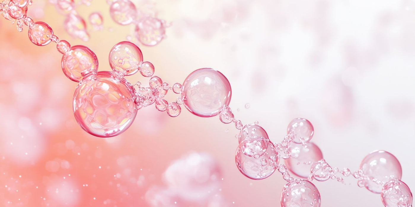 Abstract pink bubbles evoking skin hydration and moisture.